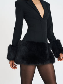 Wenona Fur Trimmed V-Neck Mini Blazer Dress | Black
