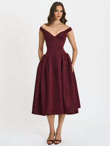 Omella Ruched Bust Sweetheart Flared Midi Dress | Burgundy