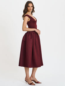 Omella Ruched Bust Sweetheart Flared Midi Dress | Burgundy