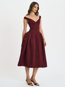 Omella Ruched Bust Sweetheart Flared Midi Dress | Burgundy