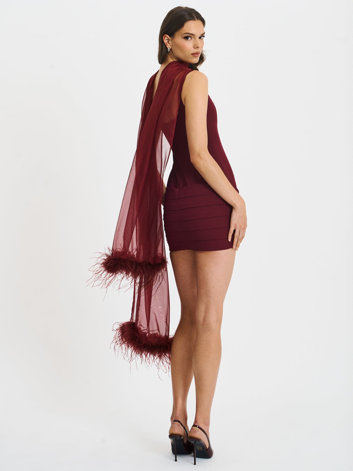 Tori Pleated Mini Dress with Chiffon Scarf | Wine Red