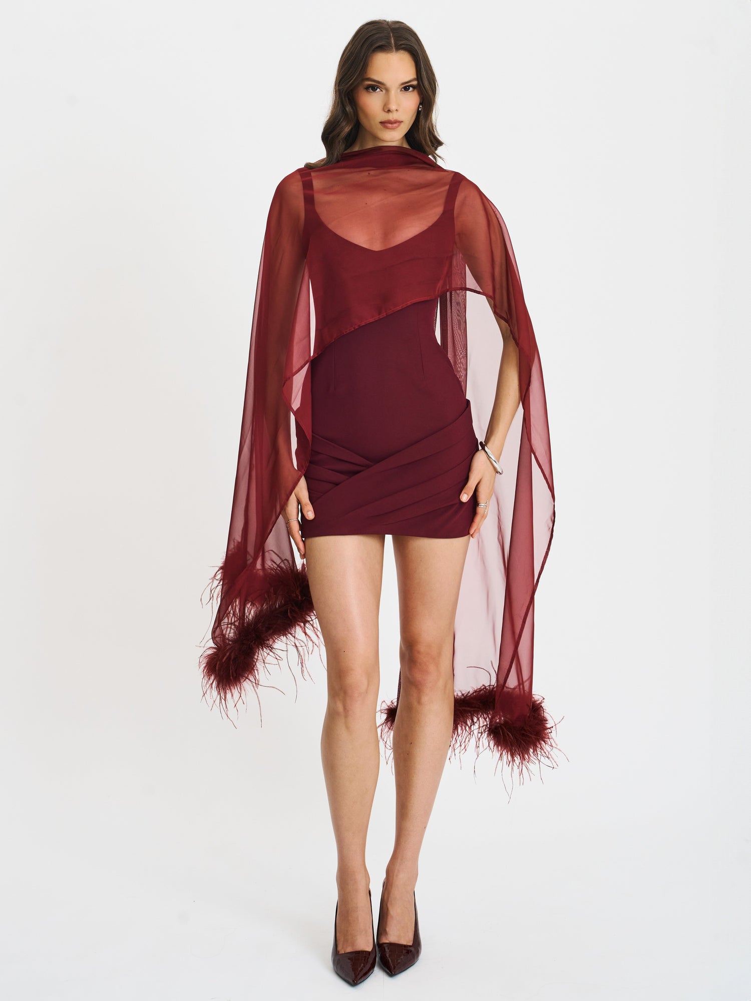 Tori Pleated Mini Dress with Chiffon Scarf | Wine Red