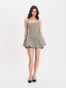 Dacia Plaid Halter Lace-up Bubble Mini Dress | Brown Plaid