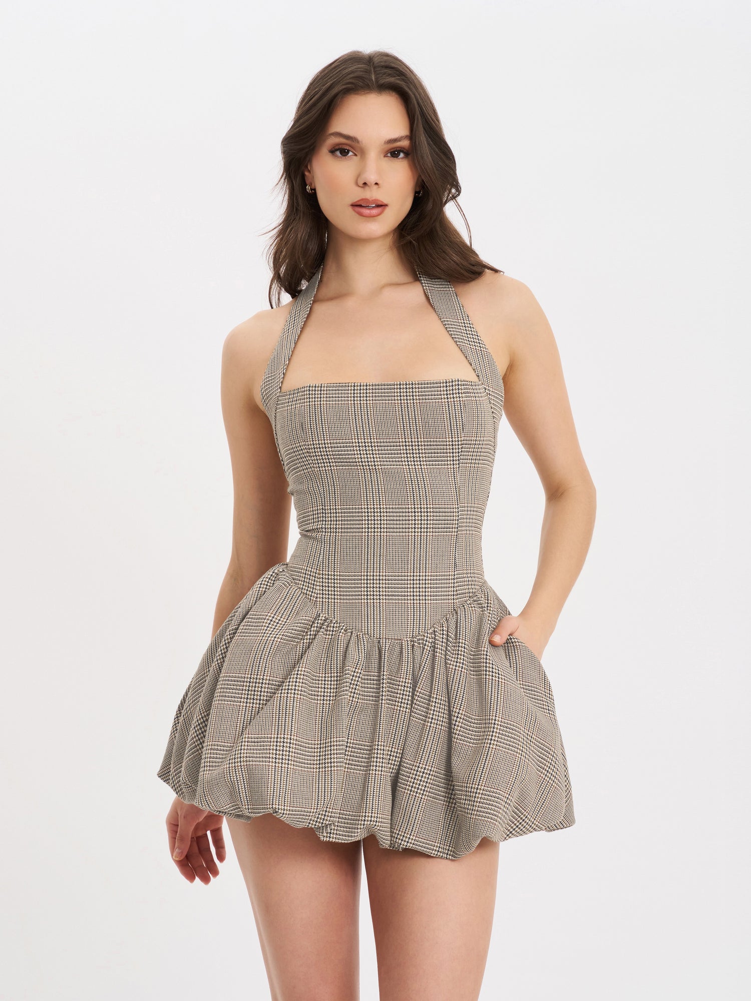 Dacia Plaid Halter Lace-up Bubble Mini Dress | Brown Plaid