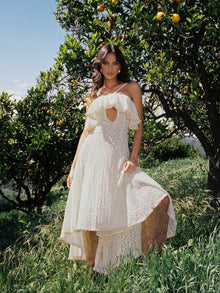 Idra Lace Trim Sleeveless Crochet Midi Trailing Dress | Beige