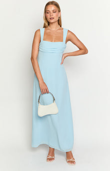 Front view of a misty light blue maxi dress with a square neckline and gathered bust detail