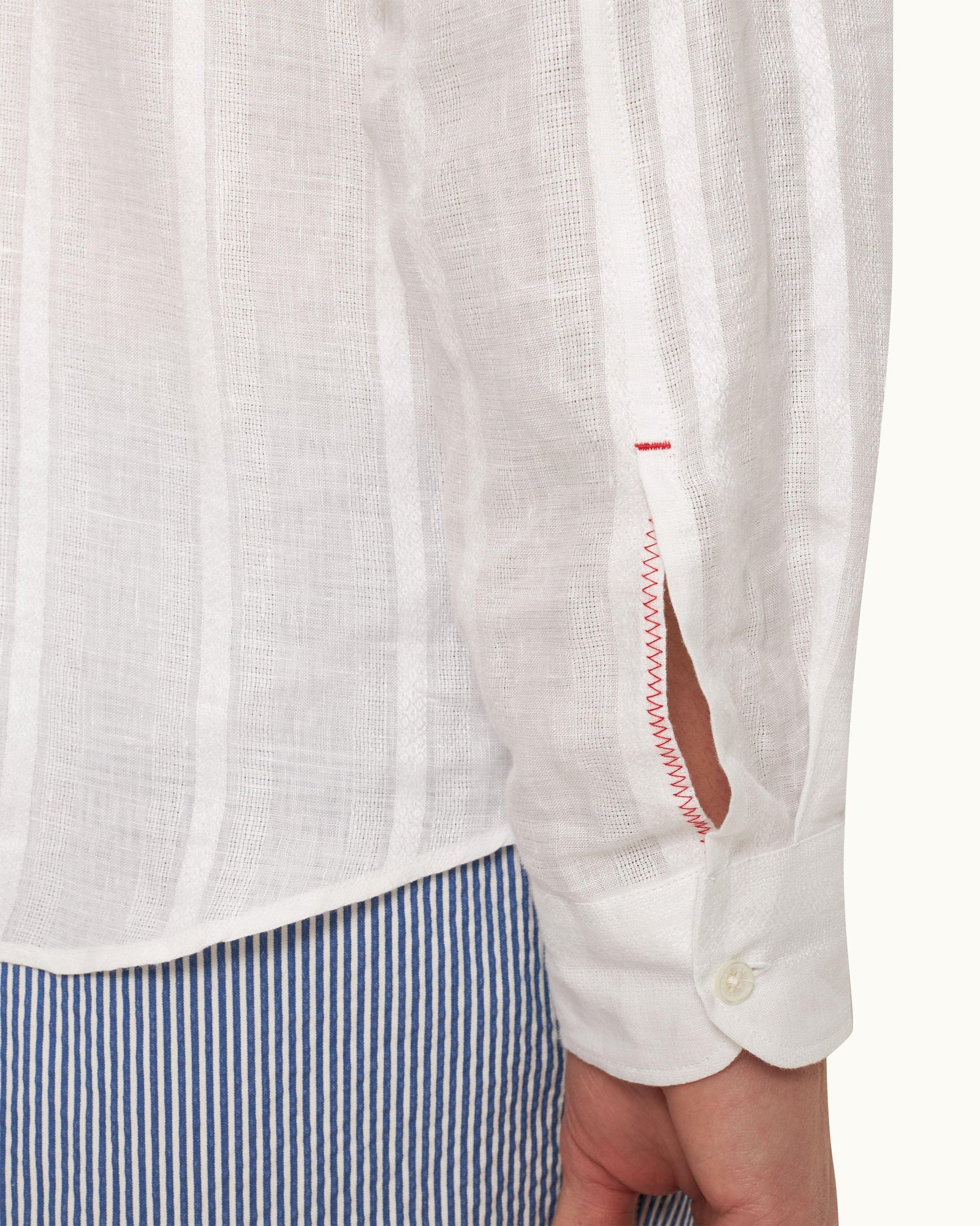 Tonal Waffle Stripe Linen Resort Overshirt Woven In Italy in White colour | White