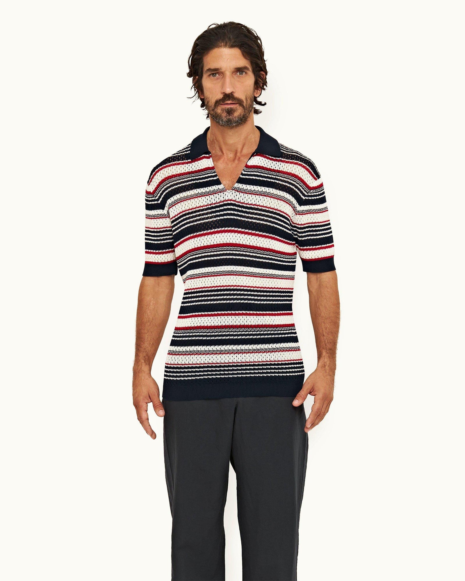 Matchstick/Night Iris Crochet Stripe Mercerised Organic Cotton Polo Shirt | Matchstick/Night Iris