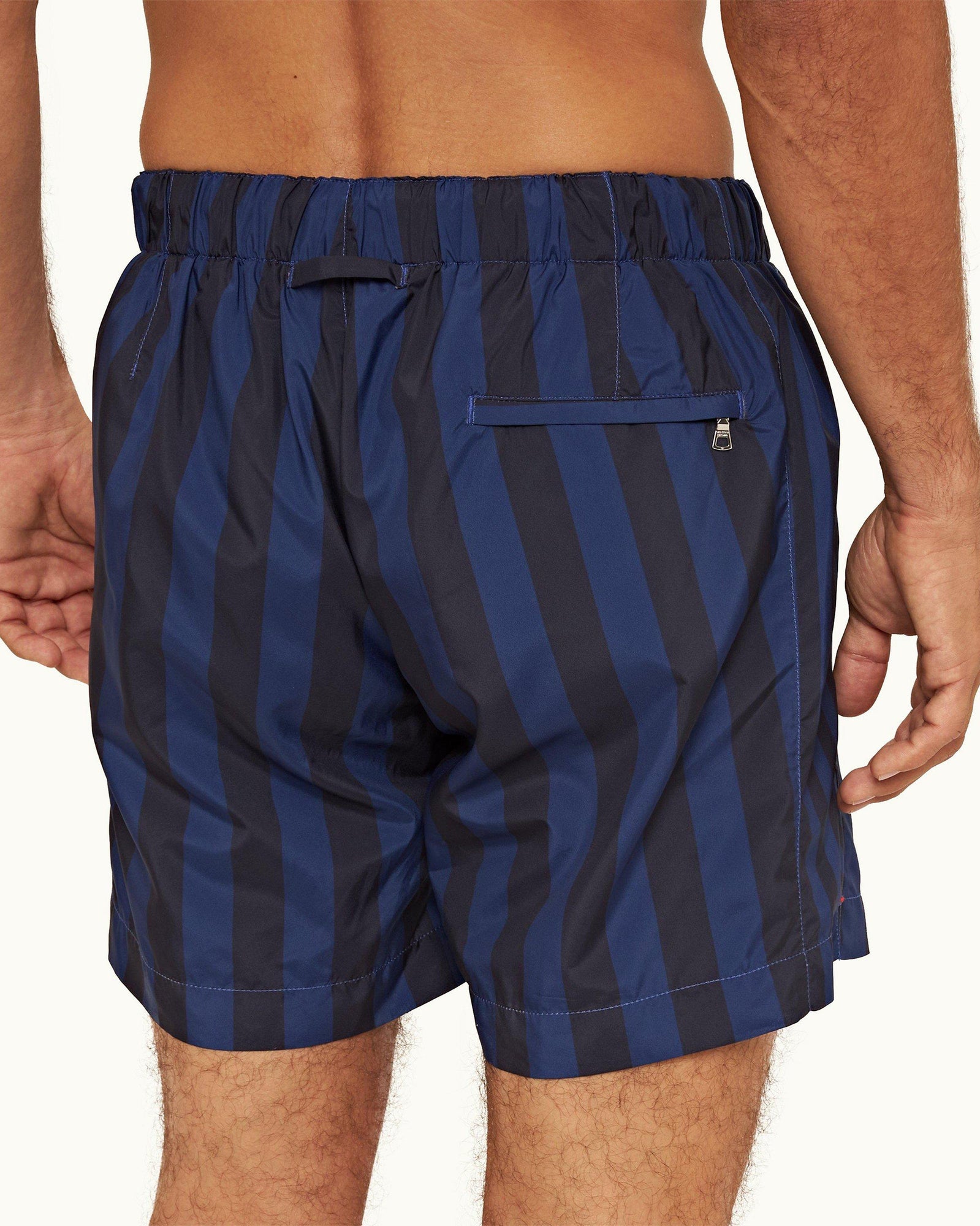 Dark Sapphire Mix Stripe Drawcord Mid-Length Swim Shorts | Dark Sapphire