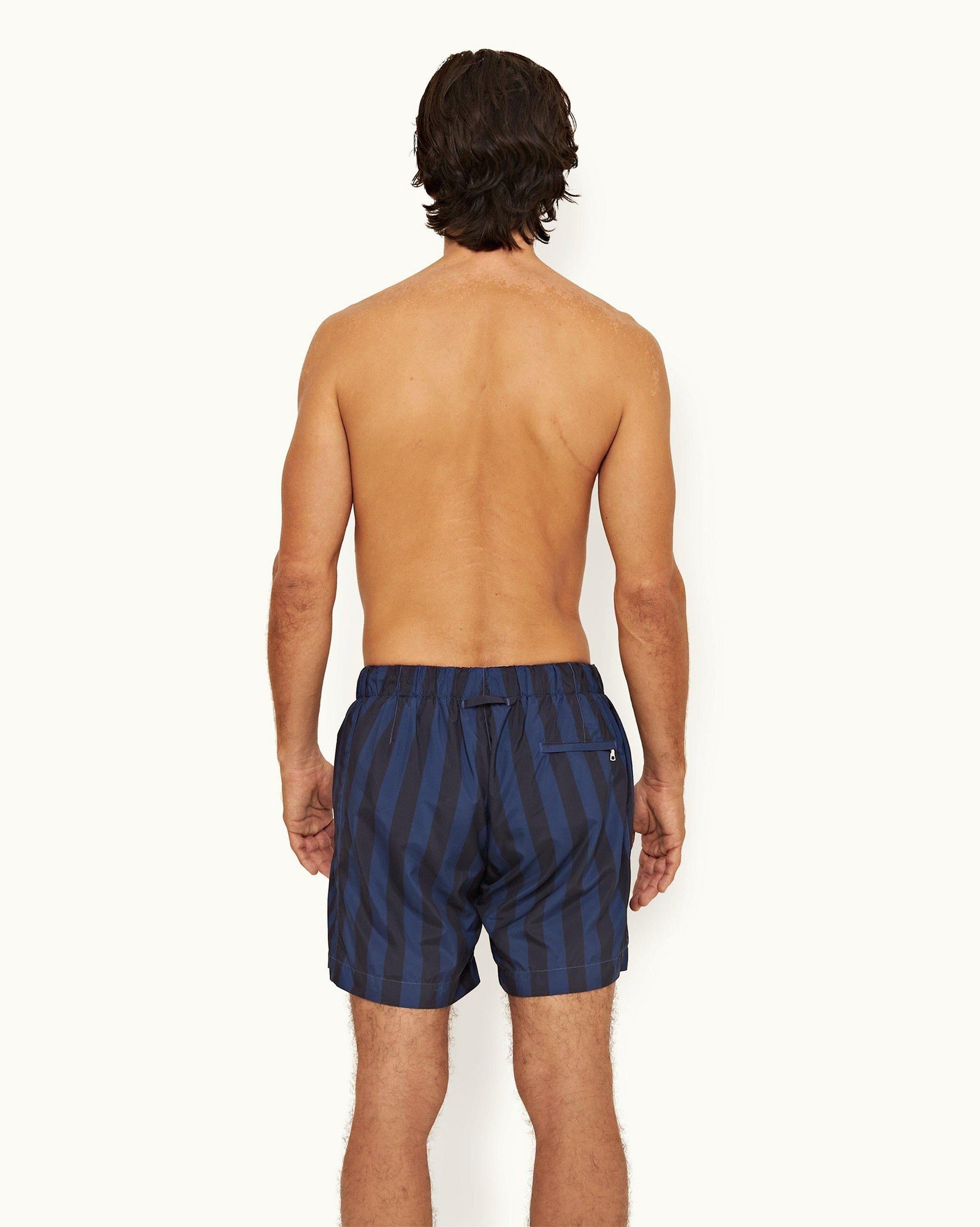 Dark Sapphire Mix Stripe Drawcord Mid-Length Swim Shorts | Dark Sapphire