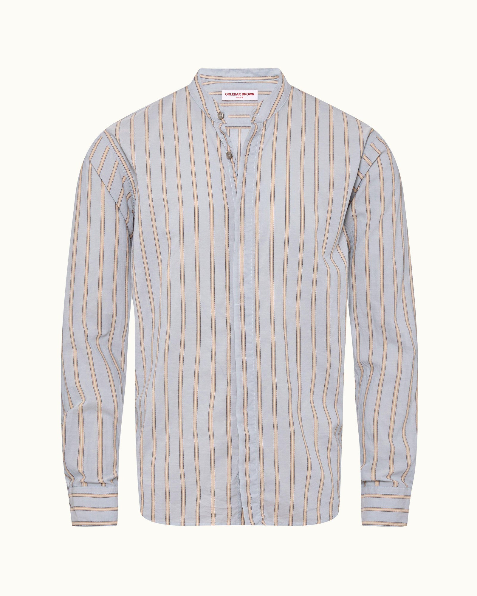 Island Sky/White Grandad Collar Stripe Cotton Shirt | Island Sky/White