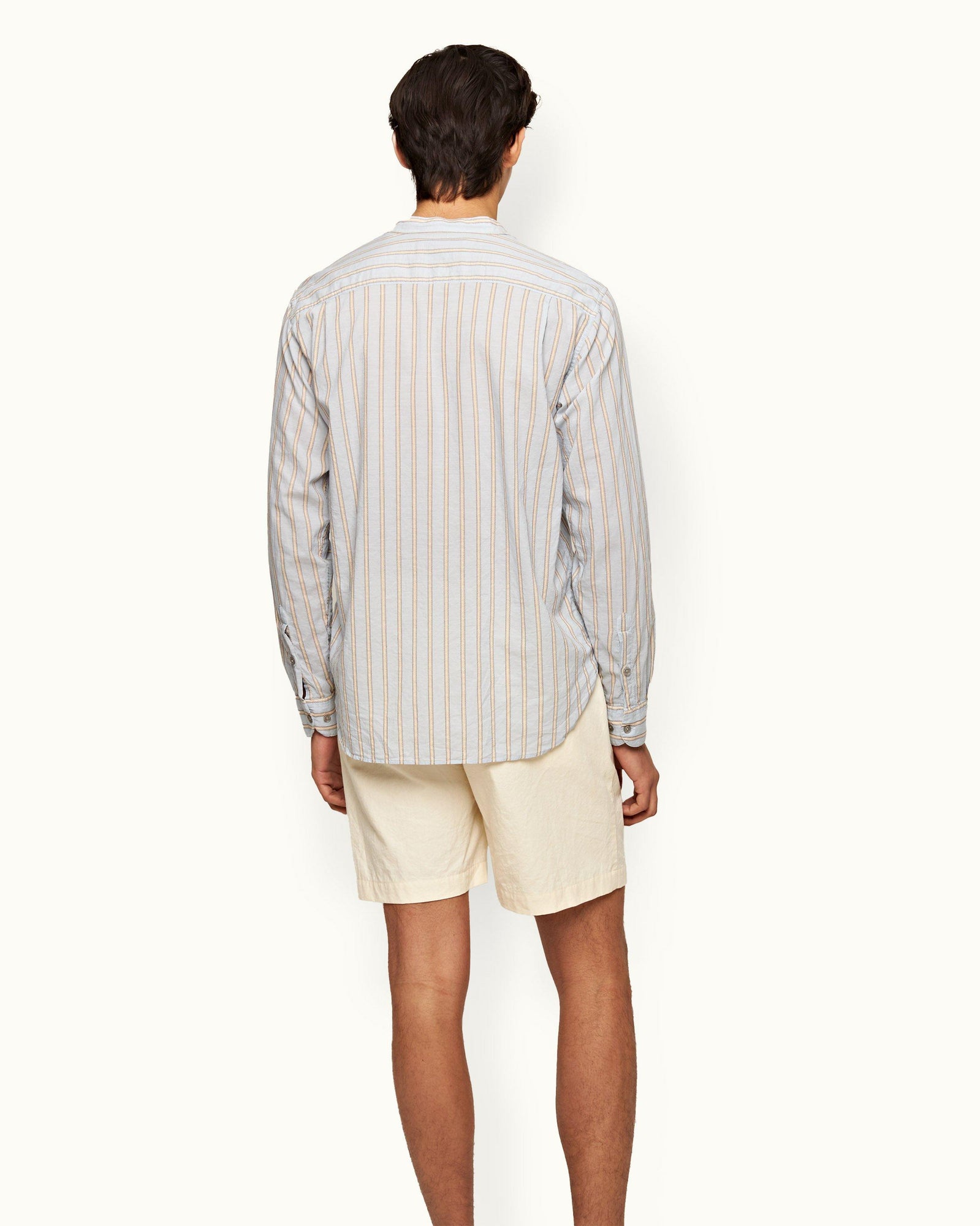 Island Sky/White Grandad Collar Stripe Cotton Shirt | Island Sky/White