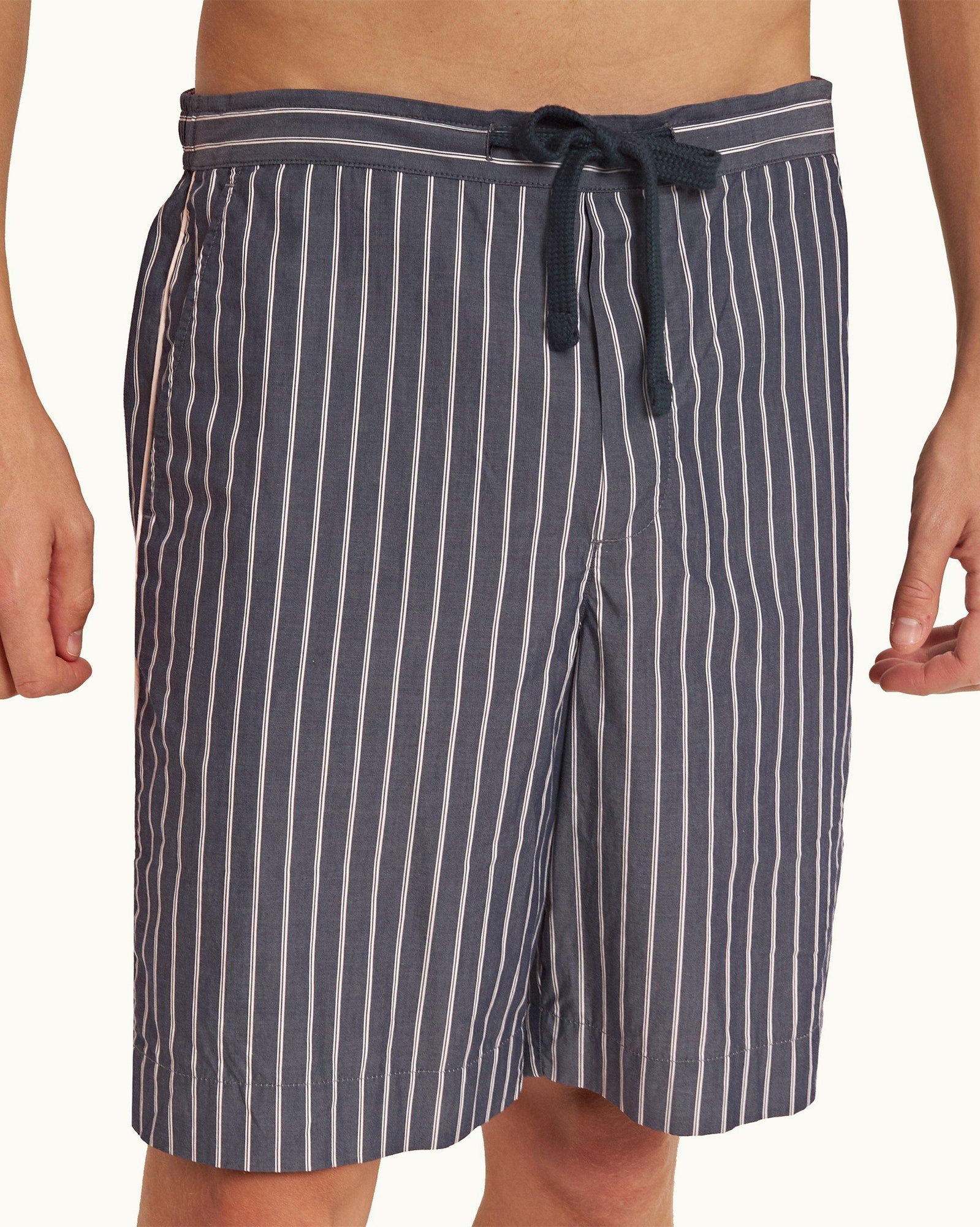 Midnight Navy Pinstripe Relaxed Fit Cotton Lounge Shorts | Midnight Navy