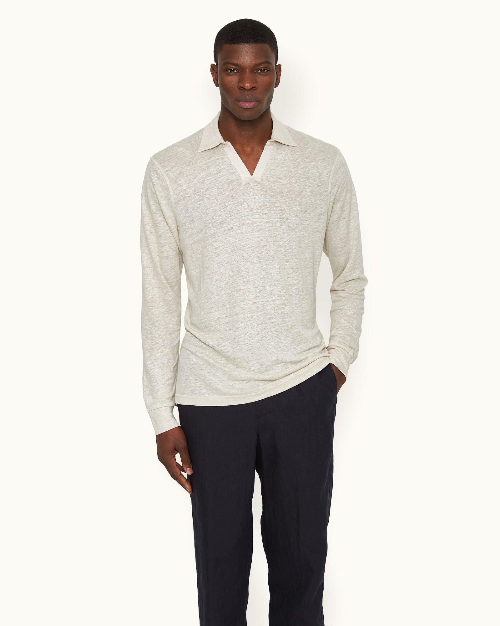 Felix Pebble Tailored Fit Long-Sleeve Slub Linen Polo Shirt | Pebble