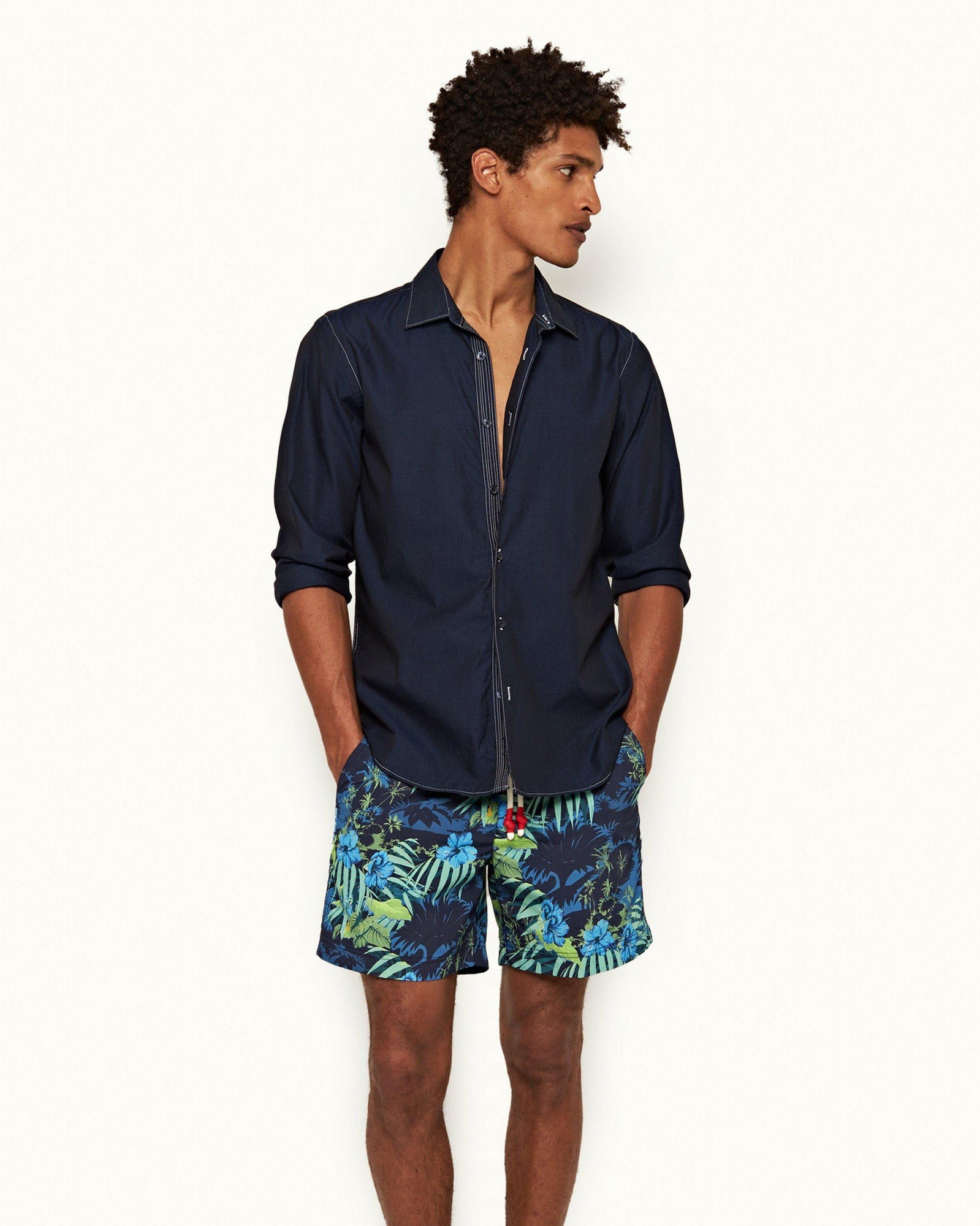 Navy/White Classic Collar Stitch End On End Shirt | Navy/White