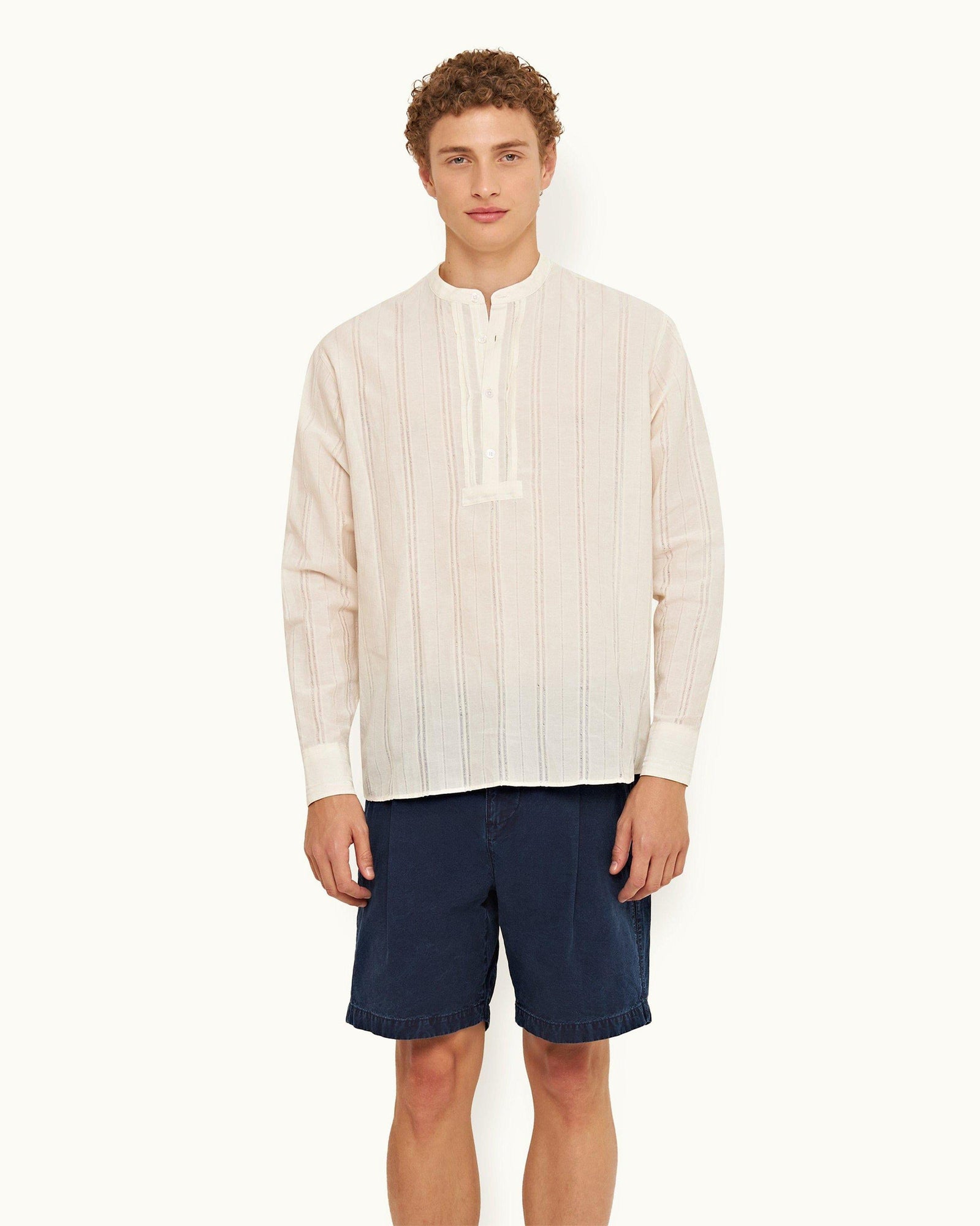 White Easy Fit Overhead Texture Cotton Stripe Shirt | White