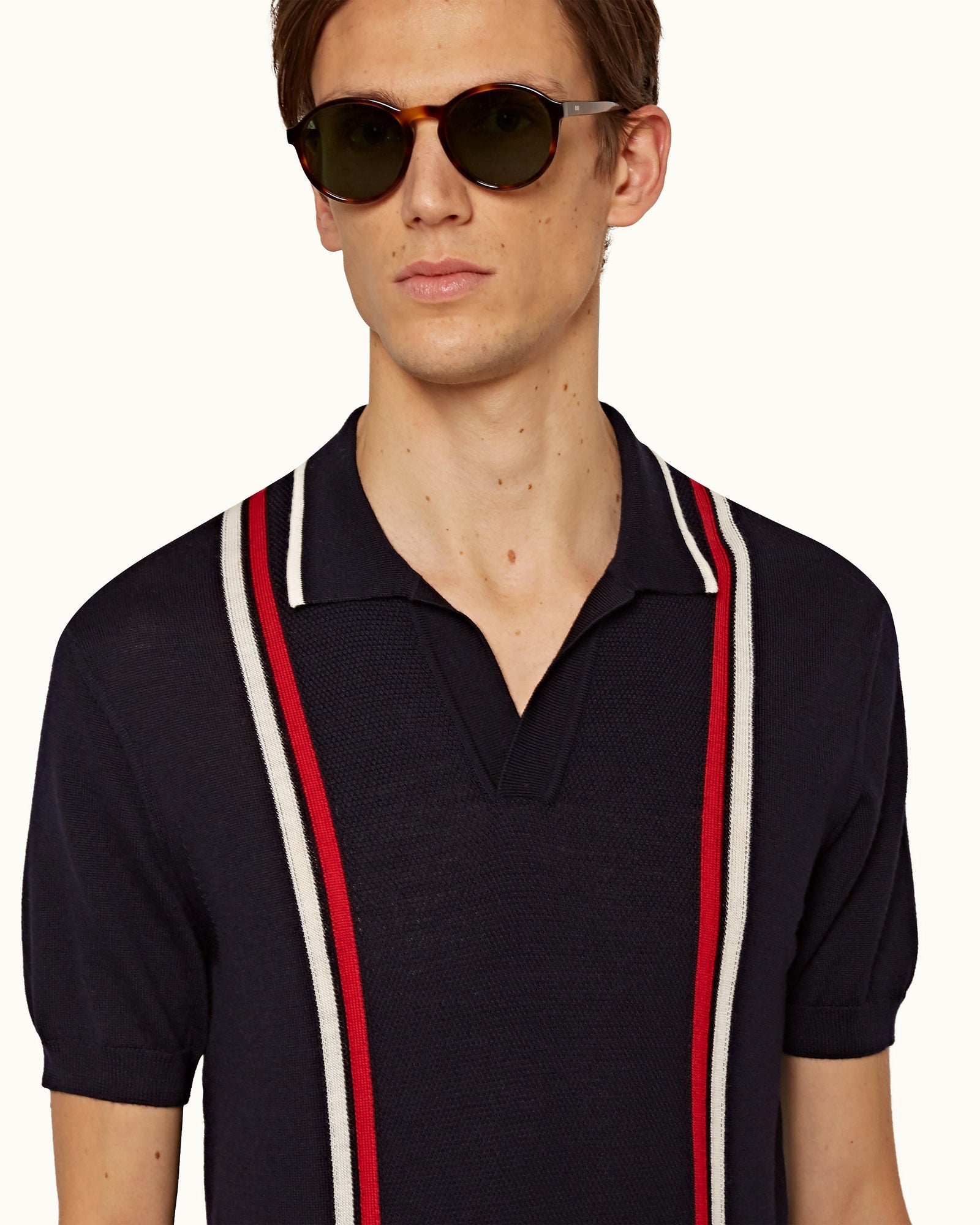 Horton Merino Navy Tailored Fit 2-Colour Stripe Merino Polo Shirt | Navy