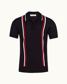 Horton Merino Navy Tailored Fit 2-Colour Stripe Merino Polo Shirt | Navy
