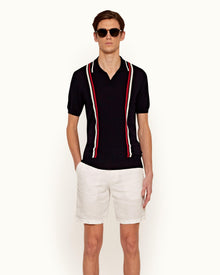 Horton Merino Navy Tailored Fit 2-Colour Stripe Merino Polo Shirt | Navy