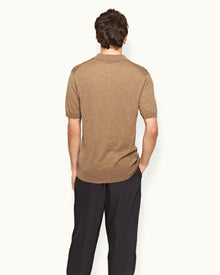 Tailored Fit Merino-Silk Knit Polo Shirt In Dark Biscuit Colour | Dark Biscuit