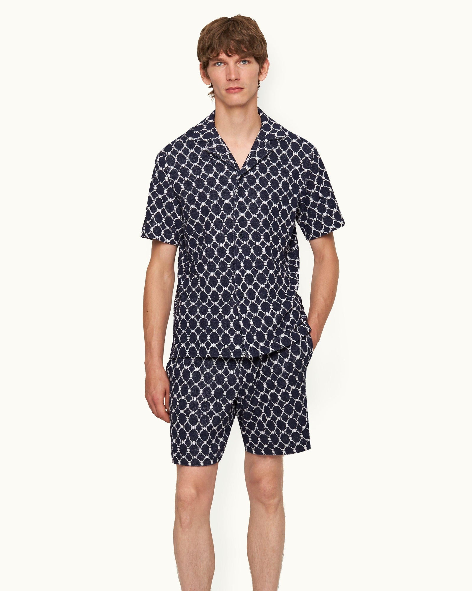 Howell Towelling Midnight Navy Geometric Tile Relaxed Fit Towelling Shirt | Midnight Navy