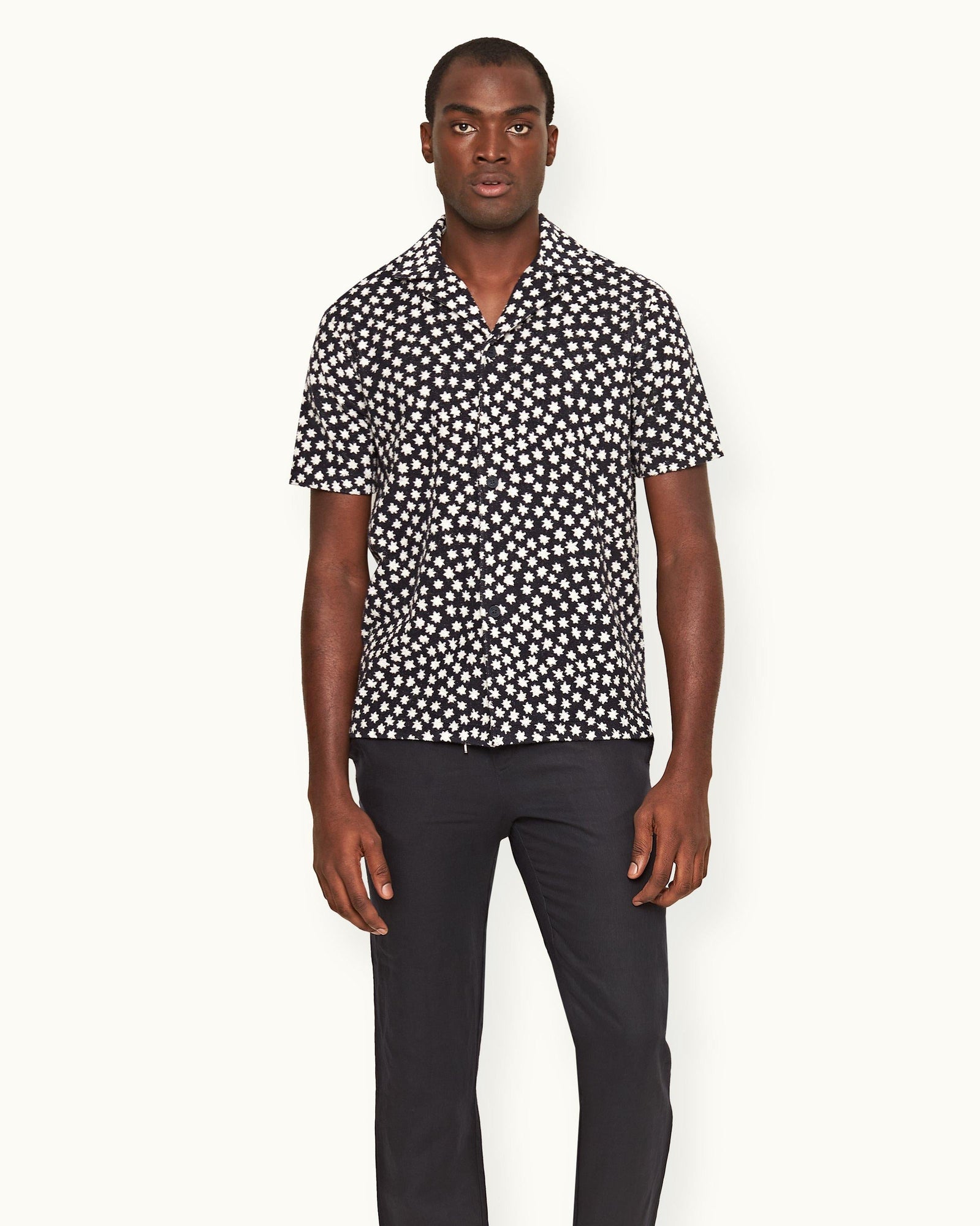 Howell Towelling Star Jacquard Relaxed Fit Capri Collar Cotton Towelling Shirt In Night Iris Blue | Night Iris