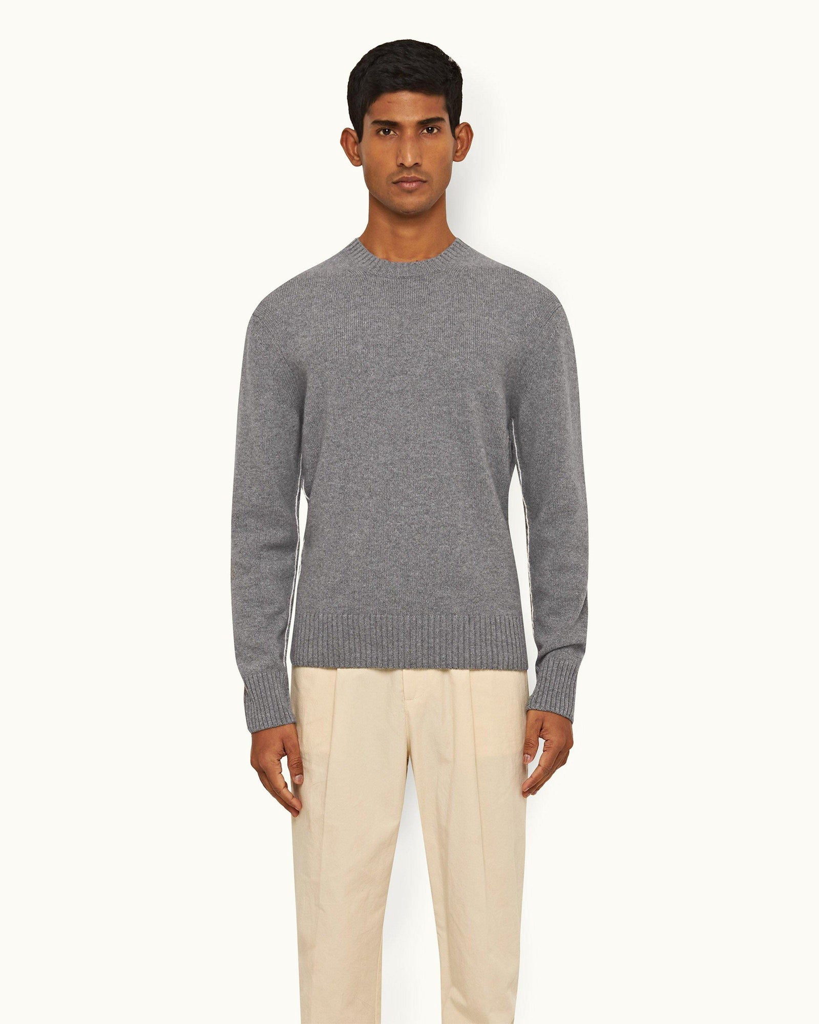 Grey Melange/Sea Mist Stripe Tipping Cashmere Jumper | Grey Melange/Sea Mist