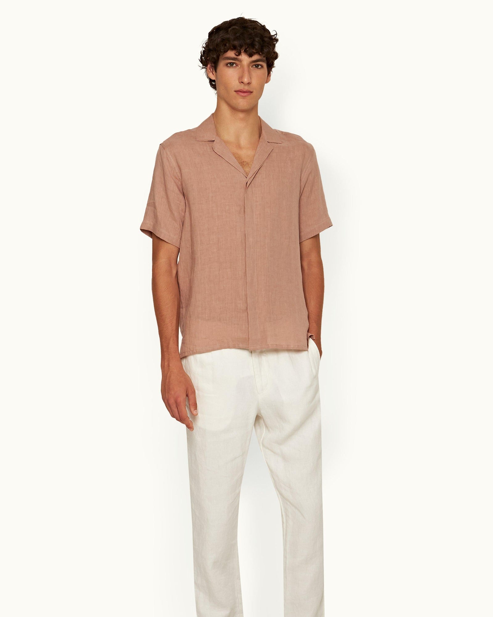Maitan Linen Relaxed Fit Capri Collar Italian Linen Shirt In Caramel Pink | Caramel Pink