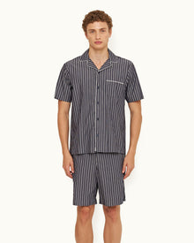 Midnight Navy Pinstripe Relaxed Fit Cotton Lounge Shirt | Midnight Navy