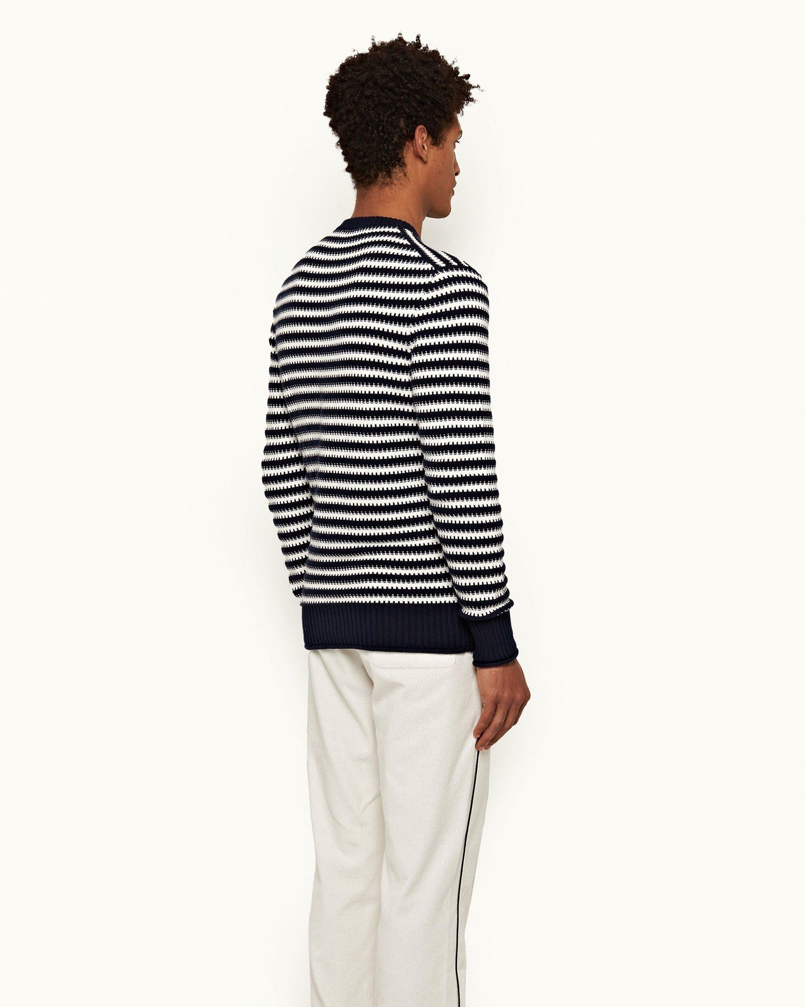 Ned Stripe Navy/White Sand Stripe Organic Cotton Jumper | Navy/White Sand