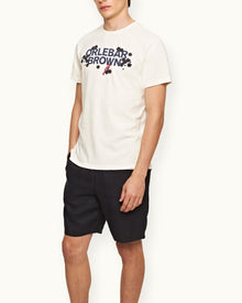 Blossom Logo Design Classic Fit Cotton T-shirt In White Jade/Plum Colour | White Sand/Night Iris