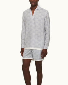 Ridley Linen White Sand/Azul Blue Tiescape Print Relaxed Fit Overhead Shirt | White Sand/Azul Blue