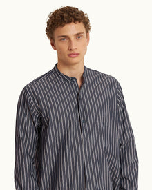 Midnight Navy Pinstripe Relaxed Fit Grandad Collar Cotton Nightshirt | Midnight Navy