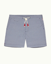 Standard Geo Print Mid-Length Drawcord Swim Shorts in Springfield Blue/White Sand colour | Springfield Blue/White Sand