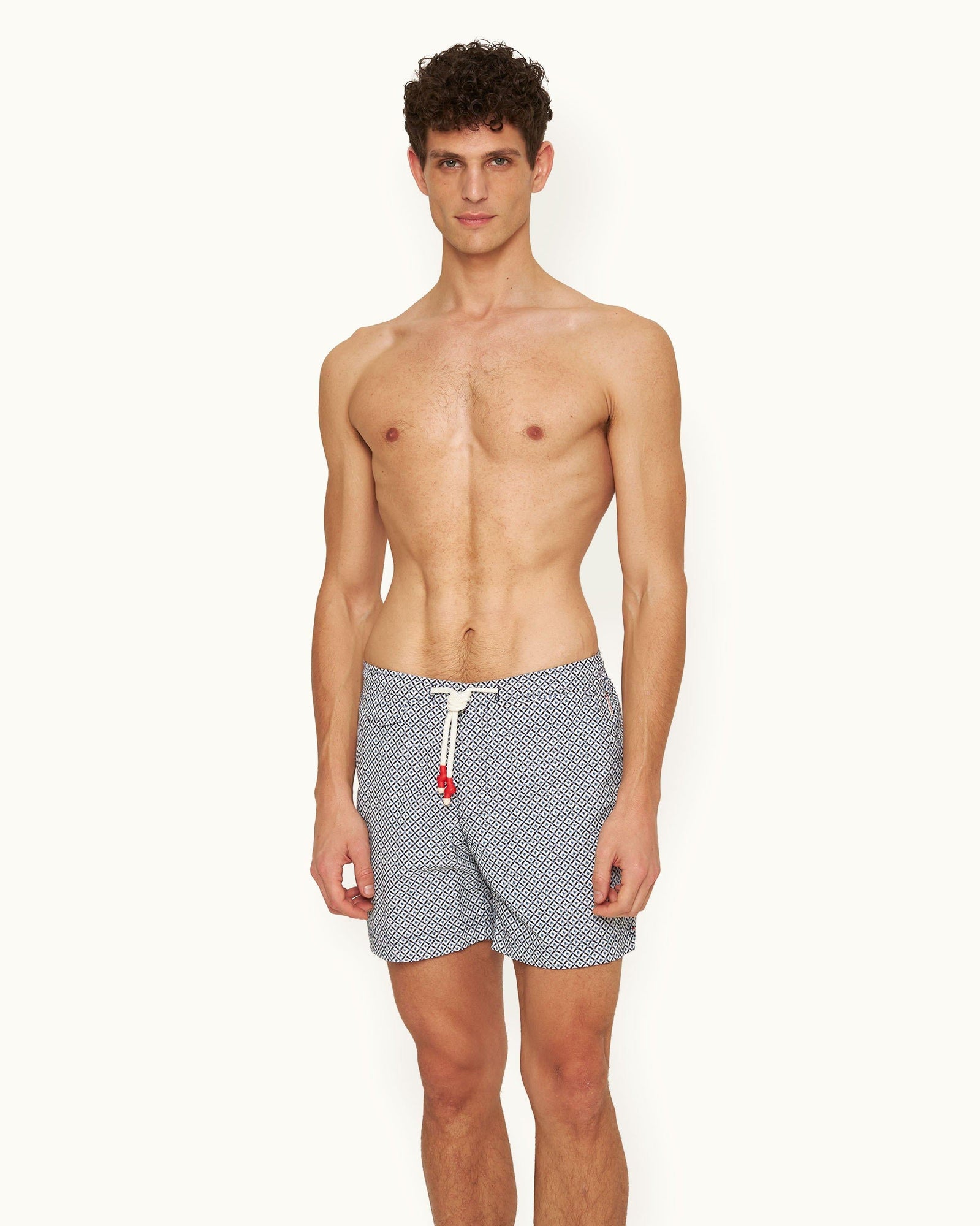 Standard Geo Print Mid-Length Drawcord Swim Shorts in Springfield Blue/White Sand colour | Springfield Blue/White Sand