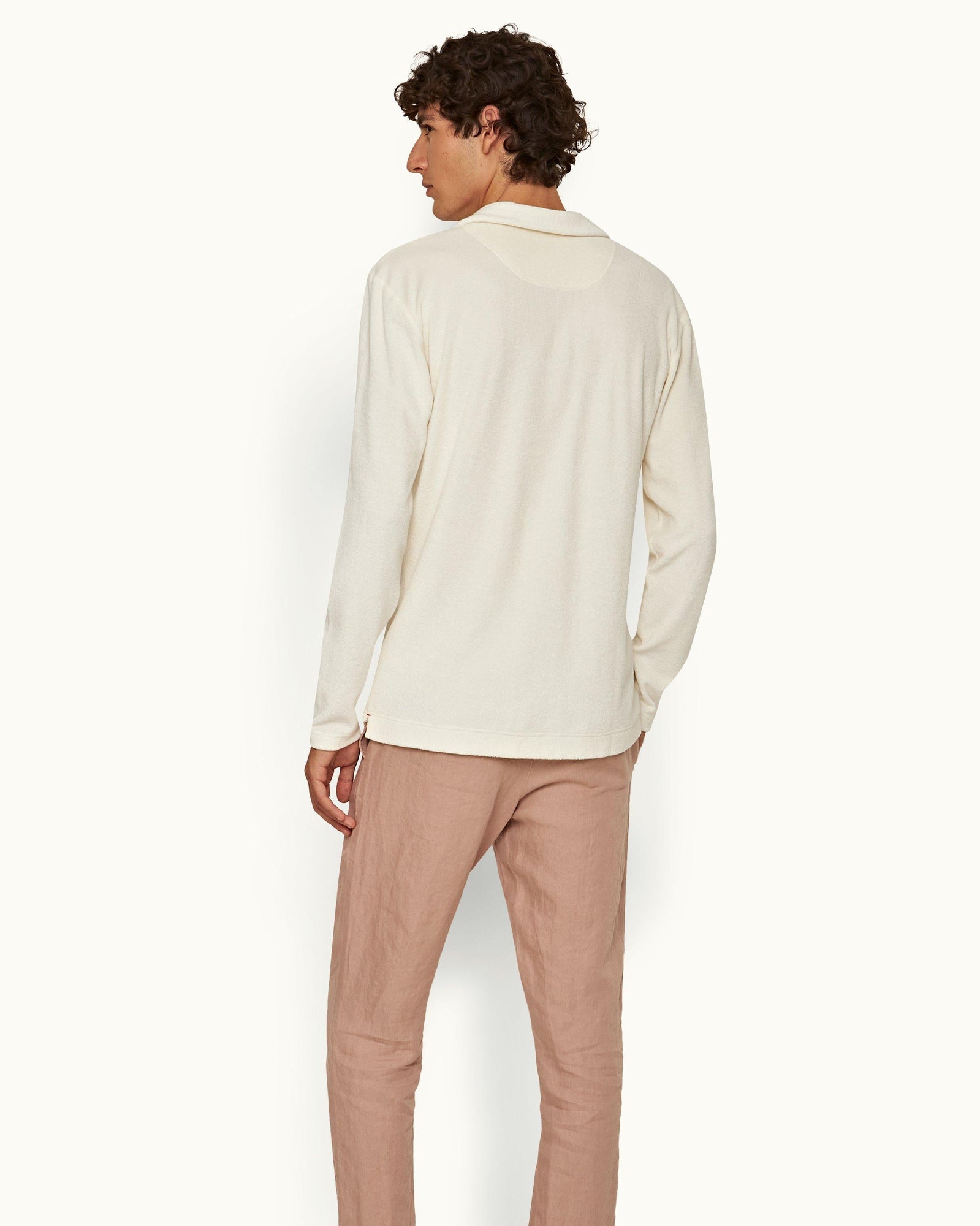 Terry Towelling Cashew Tailored Fit Long-Sleeve Cotton Towelling Resort Polo Shirt | Cashew