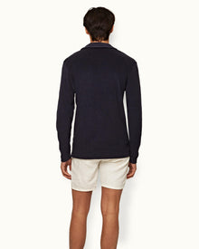 Terry Towelling Night Iris O.B Stripe Tailored Fit Long-Sleeve Towelling Resort Polo Shirt | Night Iris