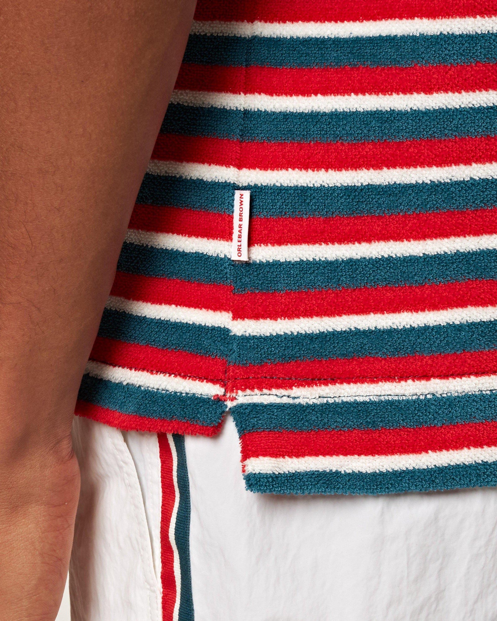 Terry Towelling Summer Red/Marina Aqua O.B Stripe Resort Polo Shirt | Summer Red/Marina Aqua