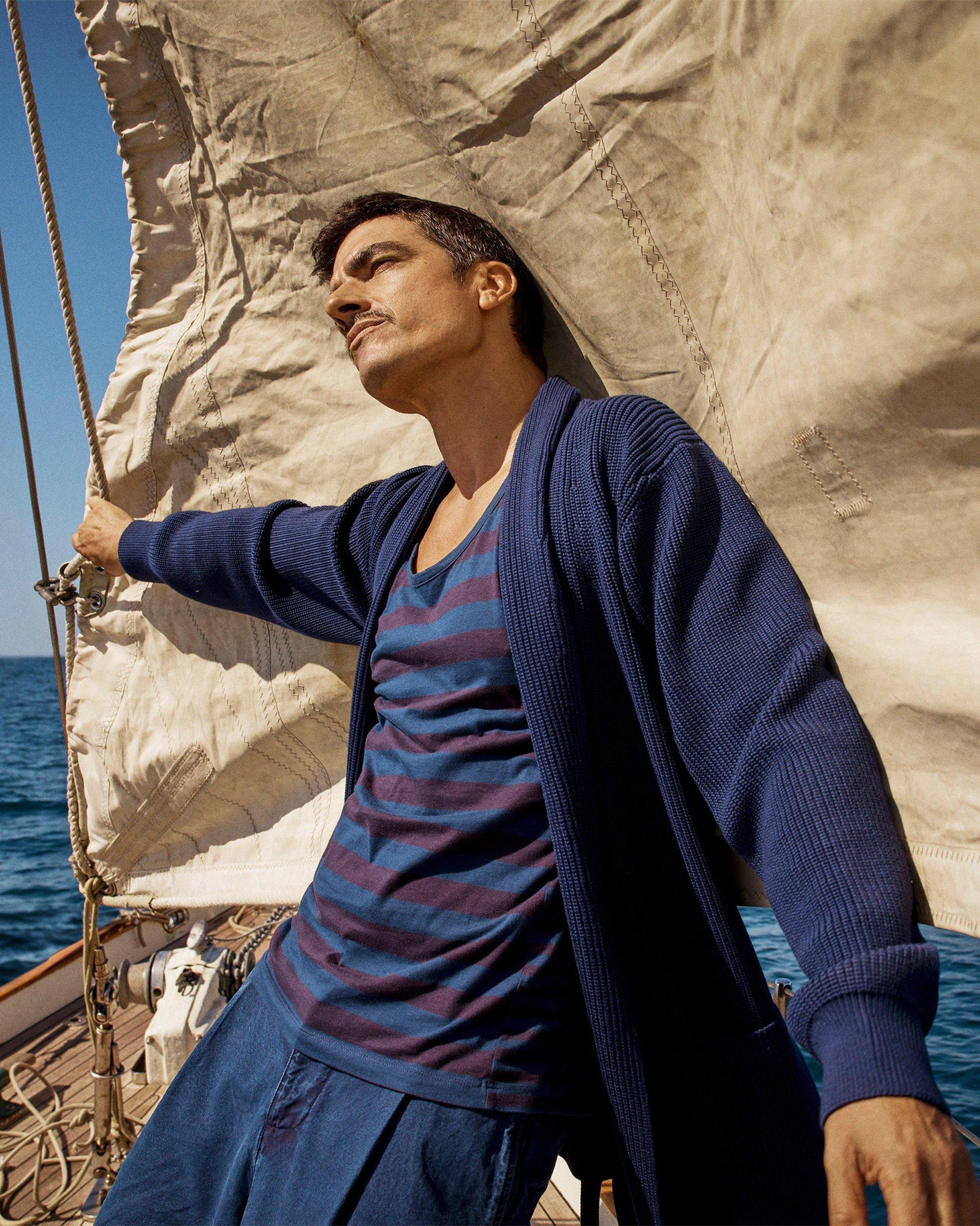 Dark Sapphire Mix Stripe Tailored Fit Organic Cotton Vest | Dark Sapphire