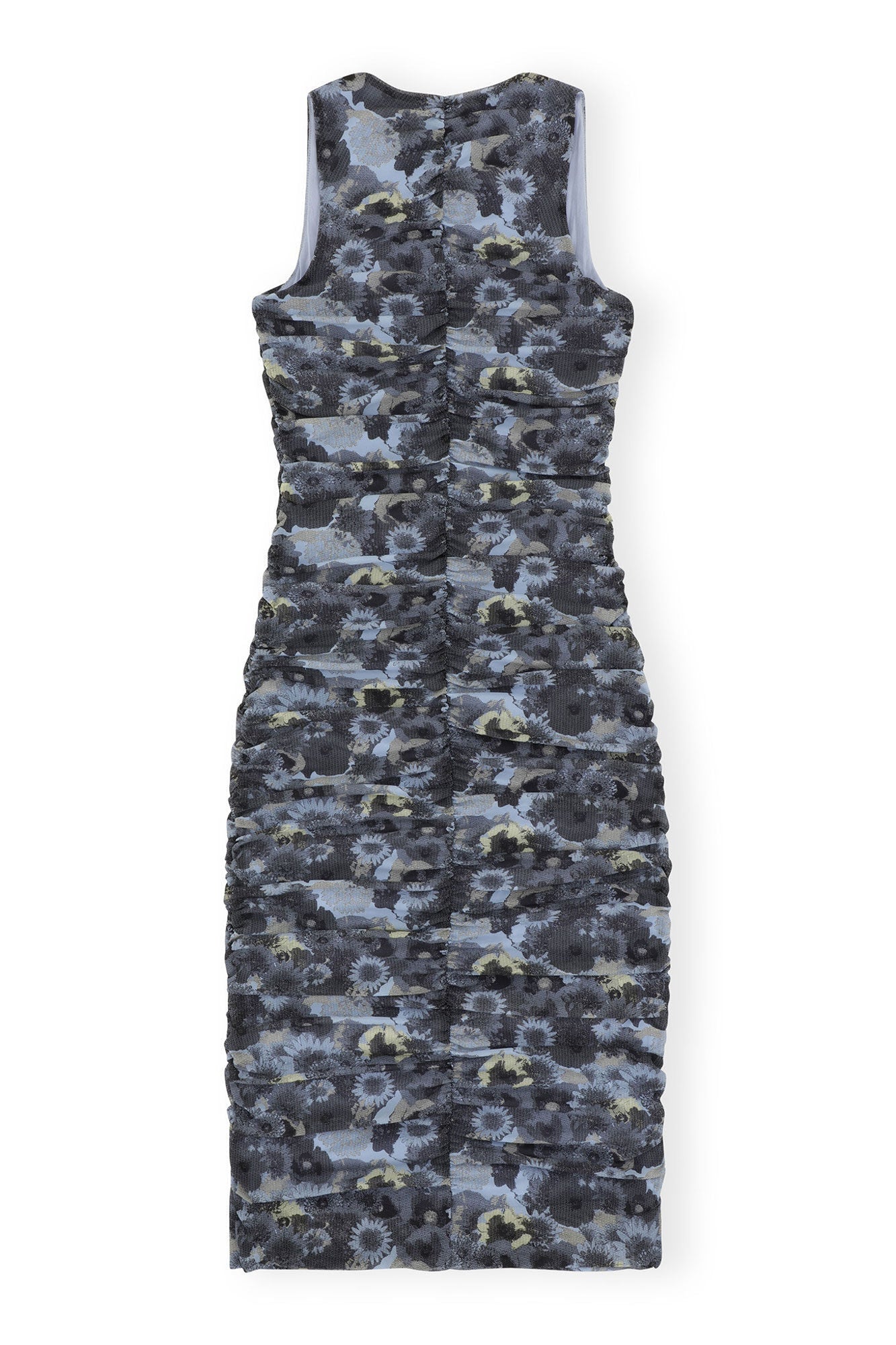 Orange Printed Ruched Mesh Midi Dress | Brunnera Blue