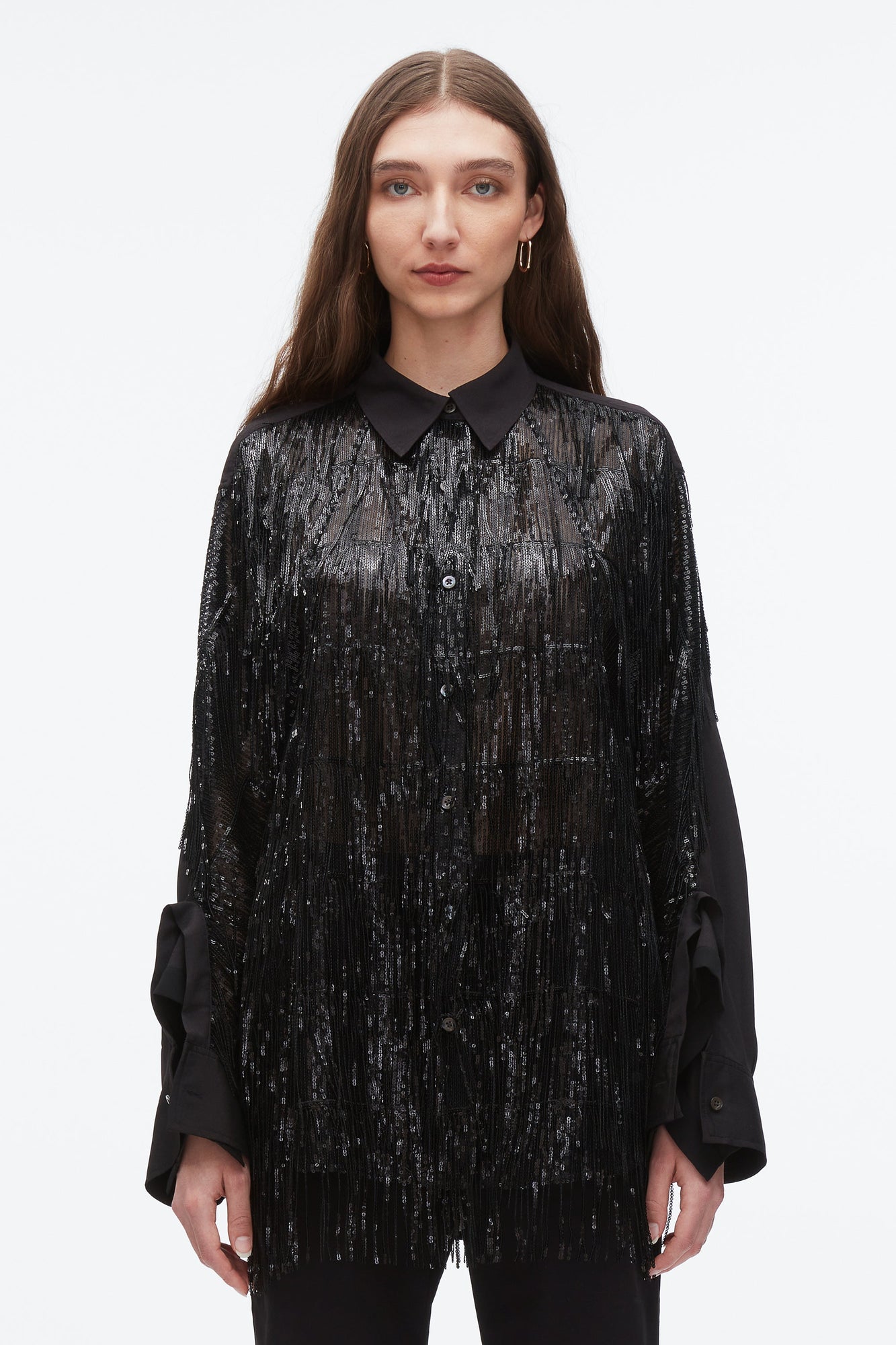 Sequin Fringe Shirt with Cascade Drape | Black