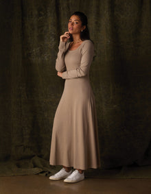 Women | Normal Rib Long Sleeve Dress | Fawn