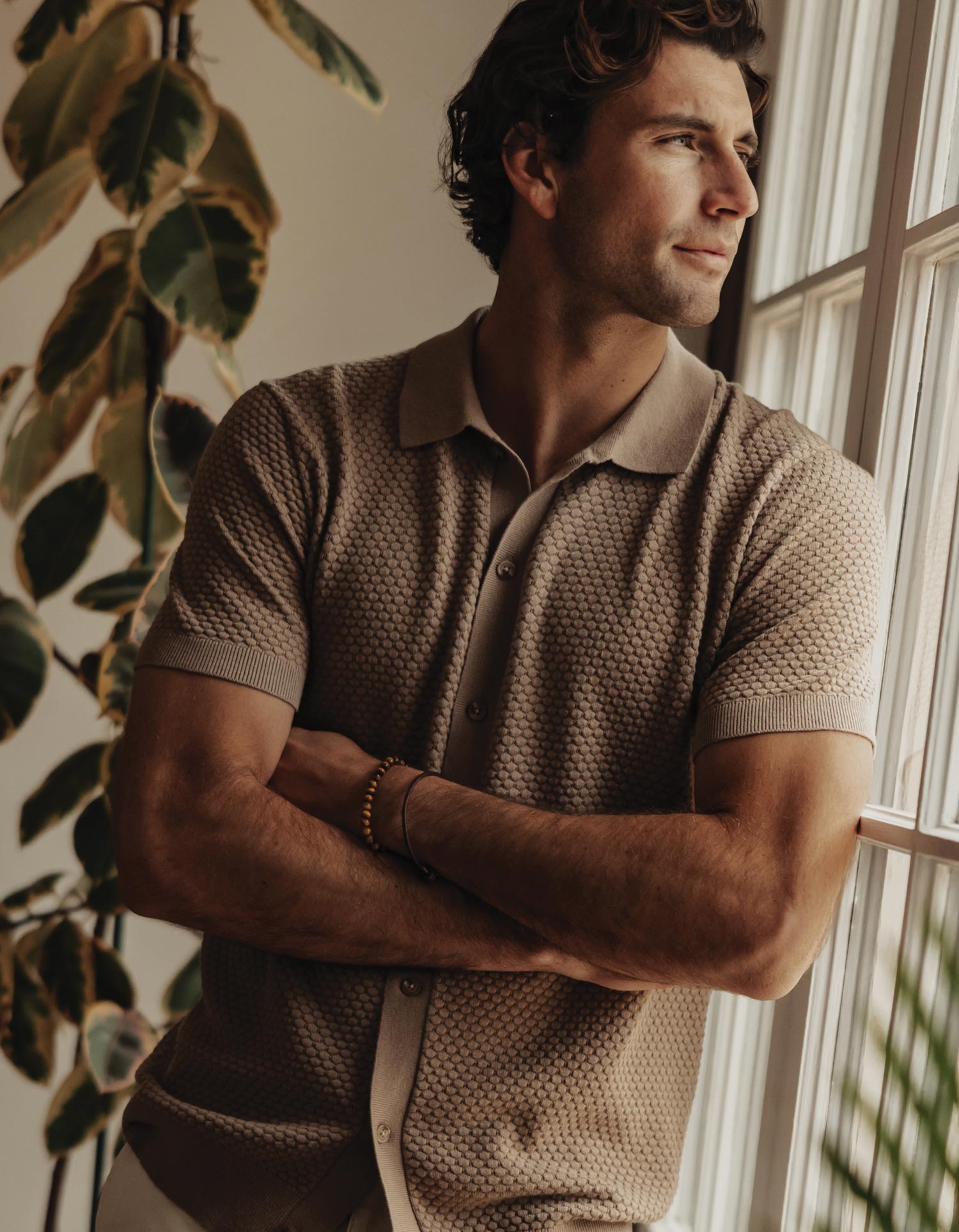 Men | Robles Knit Jacquard Button Up | Taupe