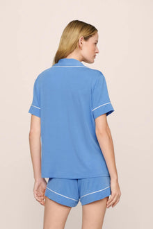 Model is wearing Gisele TENCEL Modal Relaxed Short PJ Set in CornflowerBlue/White
