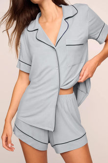 Model is wearing Gisele TENCEL Modal Relaxed Short PJ Set  in  Gray Dawn/Navy