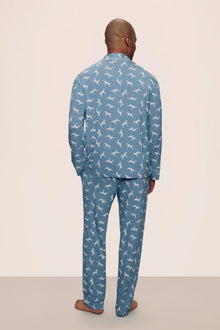 Model is wearing William Printed TENCEL Modal Long PJ Set in  Dalmatian Faded Denim/Ivory