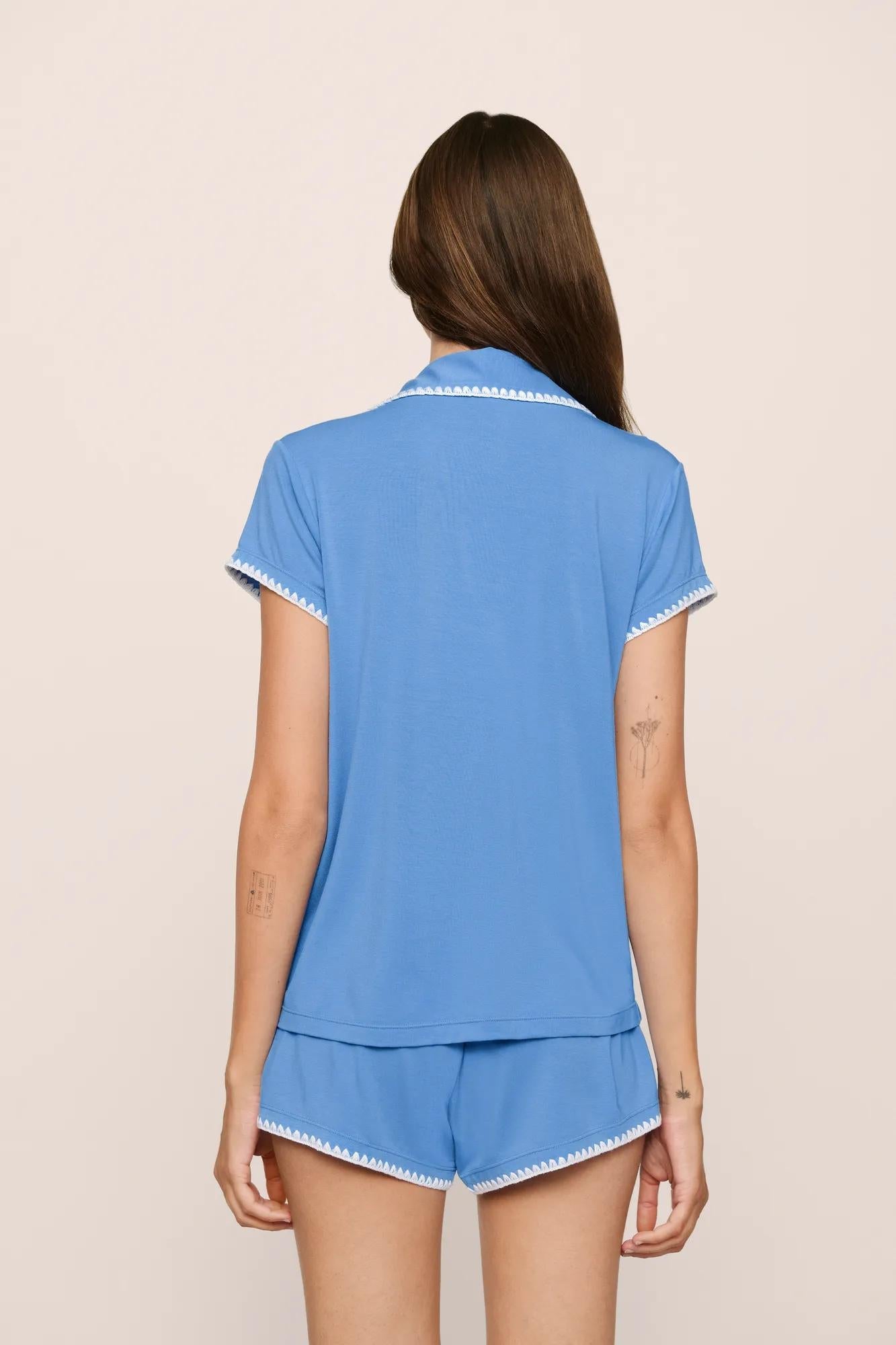 Model is wearing Frida TENCEL Modal Shortie Short PJ Set in CornflowerBlue/White