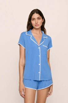 Model is wearing Frida TENCEL Modal Shortie Short PJ Set in CornflowerBlue/White