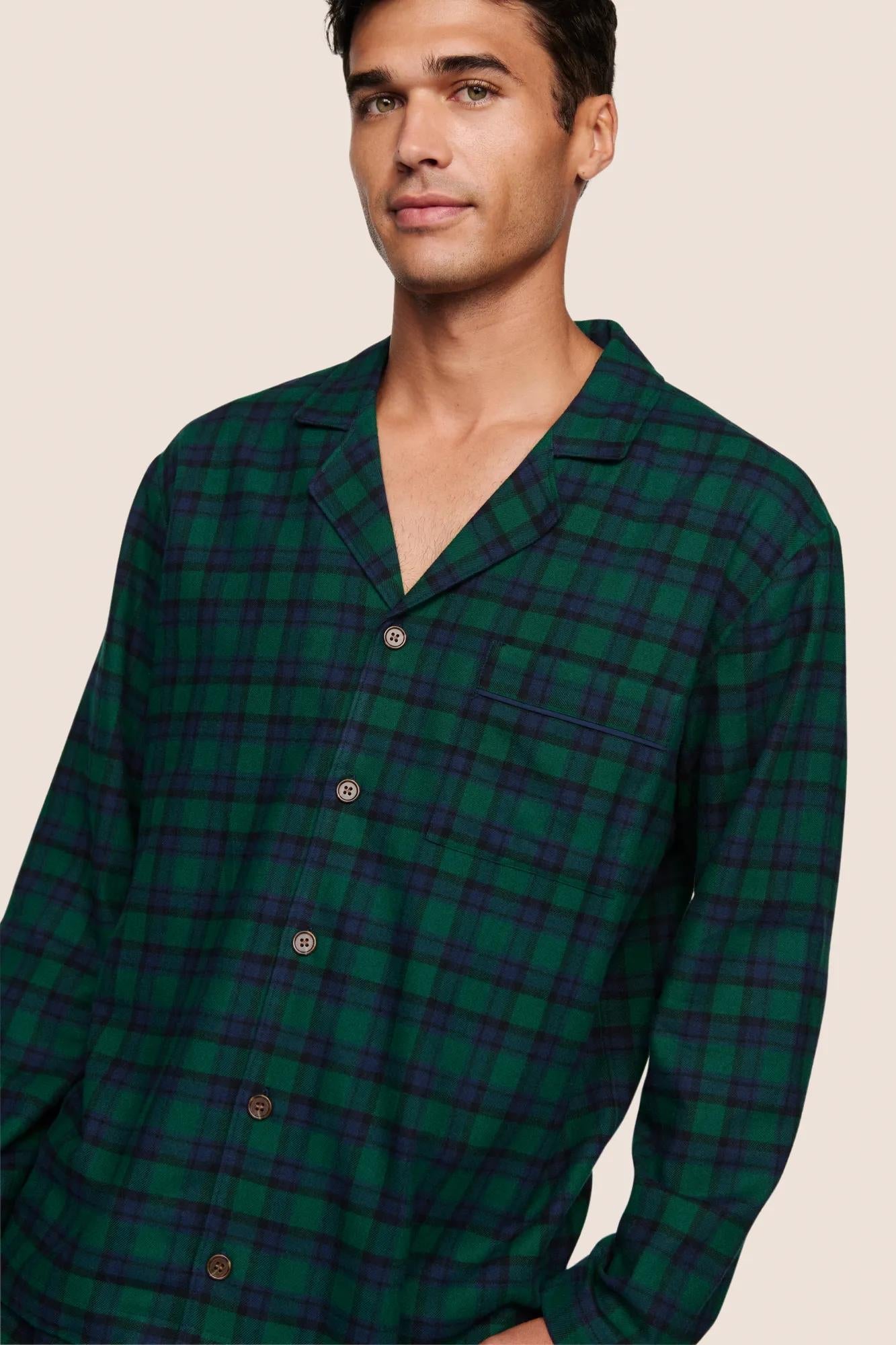 Model is wearing Men's Flannel Long PJ Set  in Black Watch Tartan Rainforest/Navy