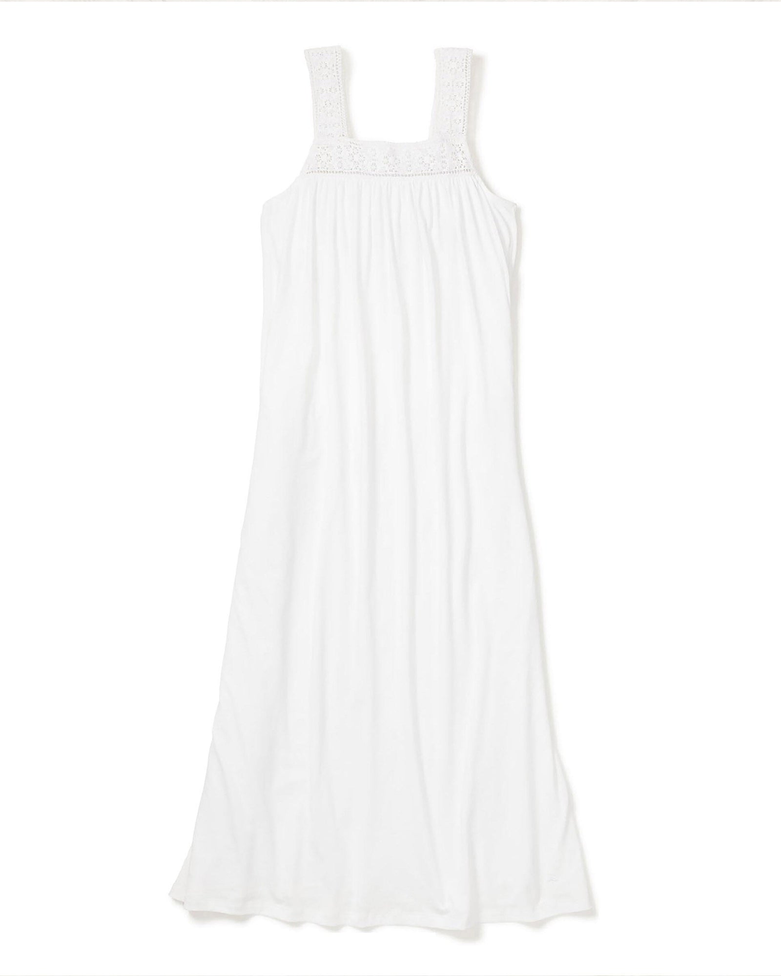 The Womens Pima Camille Nightgown in White by Petite Plume offers wide straps and a gathered bodice. Crafted from lightweight Peruvian Pima cotton, it flows elegantly on a plain white backdrop, exuding simplicity and charm.